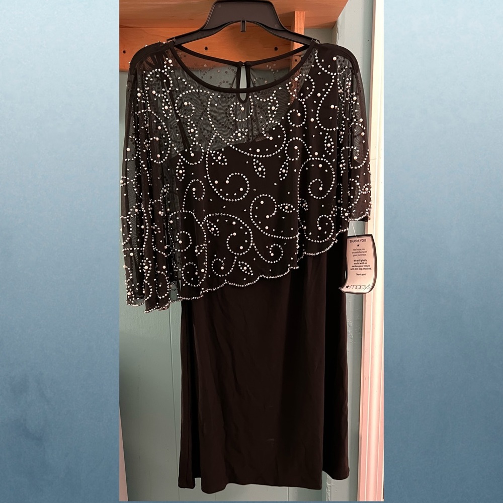 Black one shoulder dress with embroidered overlay